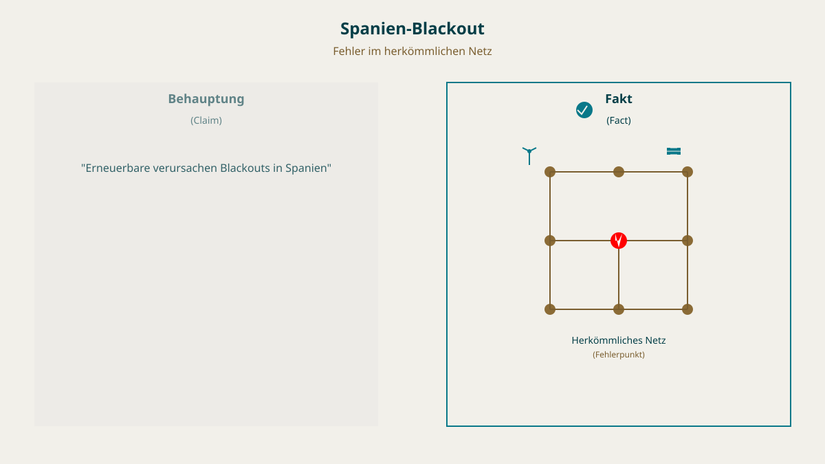 Behauptung: Spanien-Blackout durch zu viel grünen Strom. Fakt: Fehler im herkömmlichen Netz