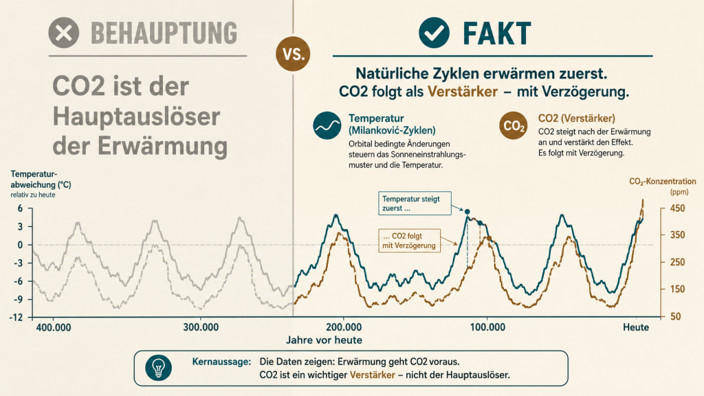 Behauptung: CO2 ist Hauptauslöser der Erwärmung. Fakt: Auslöser vs. Verstärker