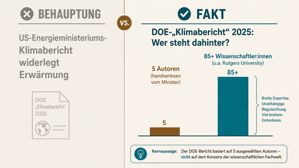 Grafik: Behauptung EIKE zum US-Energieministeriumsbericht 2025 vs Fakt - 5 vs 85+ Wissenschaftler