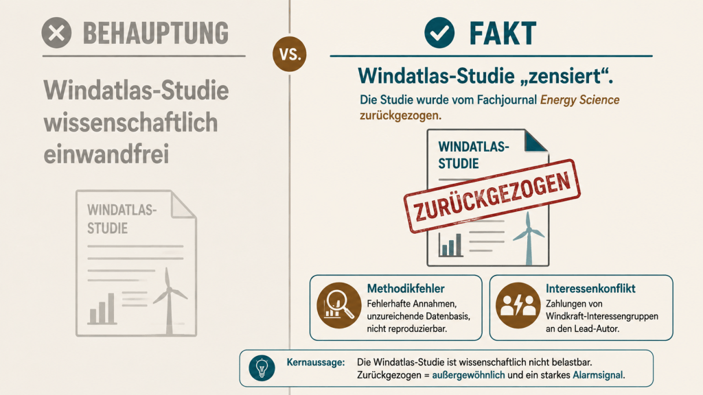 Grafik: Behauptung Tichys Einblick Windatlas-Studie zensiert vs Fakt Methodikfehler und Interessenkonflikt
