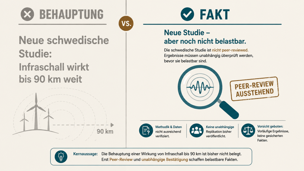 Behauptung: schwedische Studie zeigt Infraschall-Gefahr bis 90 km. Fakt: Peer-Review ausstehend